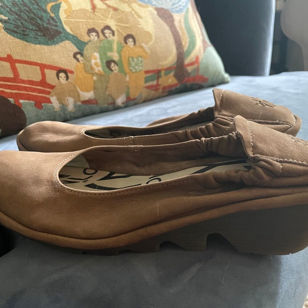 Fly London, Pled 819: Suede, Ballet Flats, w/Cupido Wedge Heel, in Sand. Size 39
